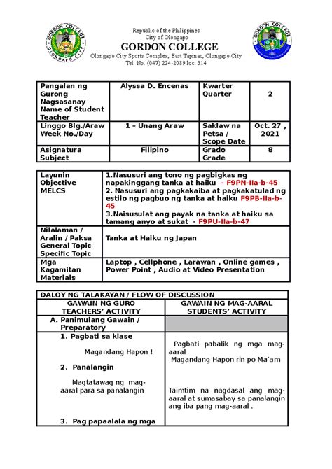 Filipino Lesson Plan .
